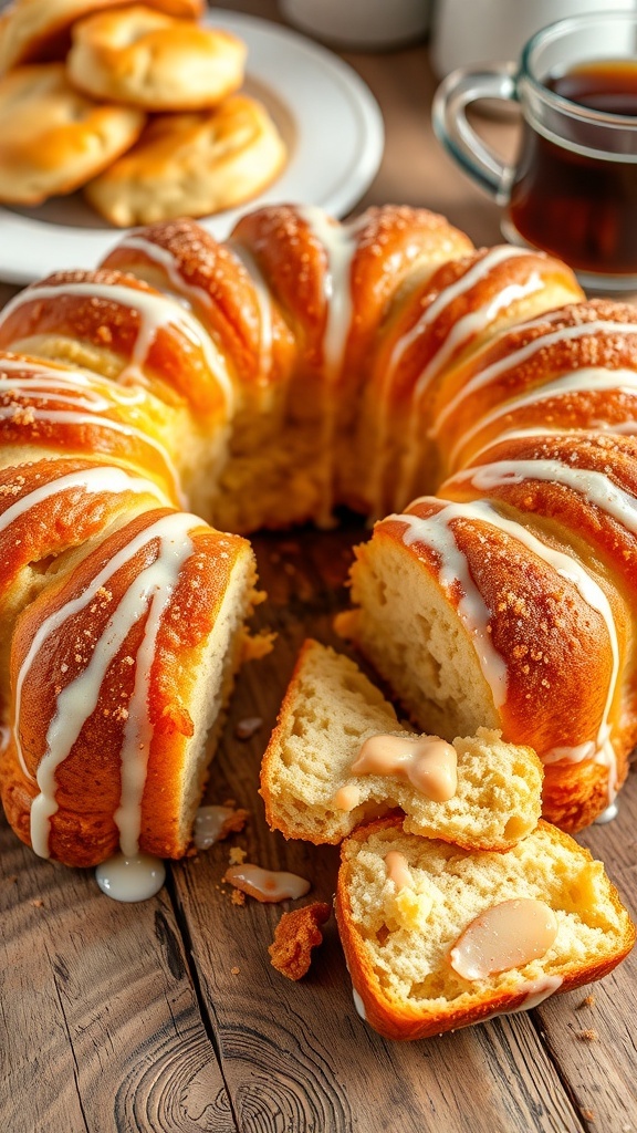 A golden-brown biscuit monkey bread drizzled with glaze, served on a wooden table.